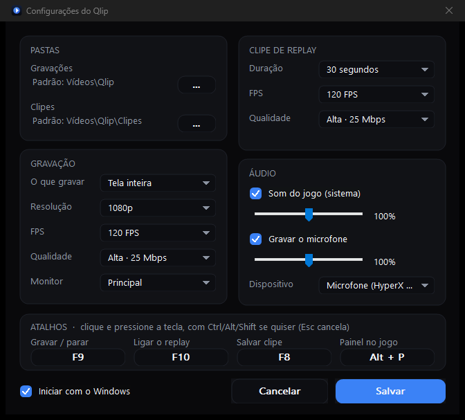 Configurações do Qlip: pastas, gravação (o que gravar, resolução, FPS, qualidade, monitor), clipe de replay, áudio com volumes e dispositivo, atalhos e iniciar com o Windows.